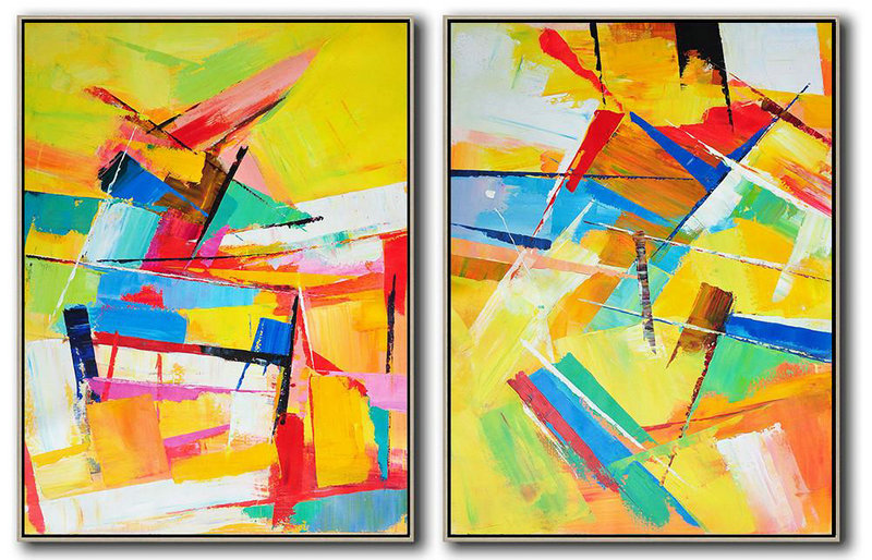 Large Abstract Painting,Set Of 2 Contemporary Art On Canvas,Big Canvas Painting,Yellow,Orange,Red,Blue.Etc